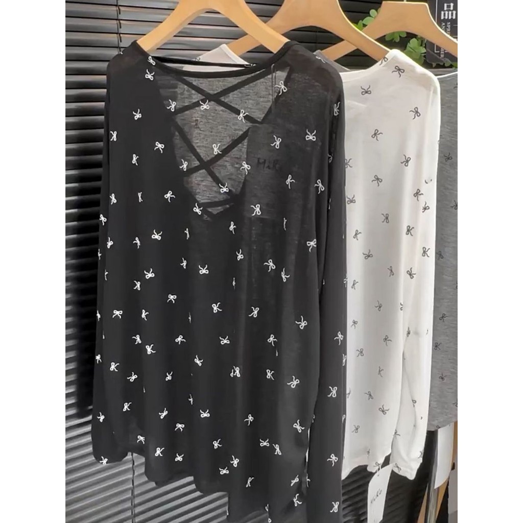 Milyfashion Rời Lưng Xuyên Rỗng Nơ Dài Tay Áo Thun Lớn Nữ Mỏng Phong Cách Chống Nắng Áo Top
