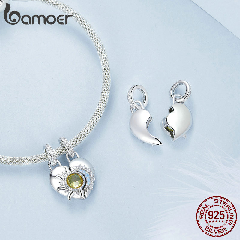 Phụ kiện mặt dây chuyền trái tim mặt trời và mặt trăng Bamoer 925 Sterling Sliver Charm cho vòng tay
