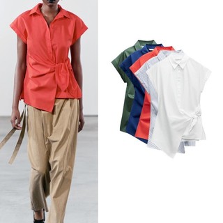 Zara Mùa Hè Sản Phẩm Mới Nữ Tính Khí Đi Lại Ve Áo Tay Ngắn Bất Đối Xứng Viền Thắt Nút Trang Trí 9479048