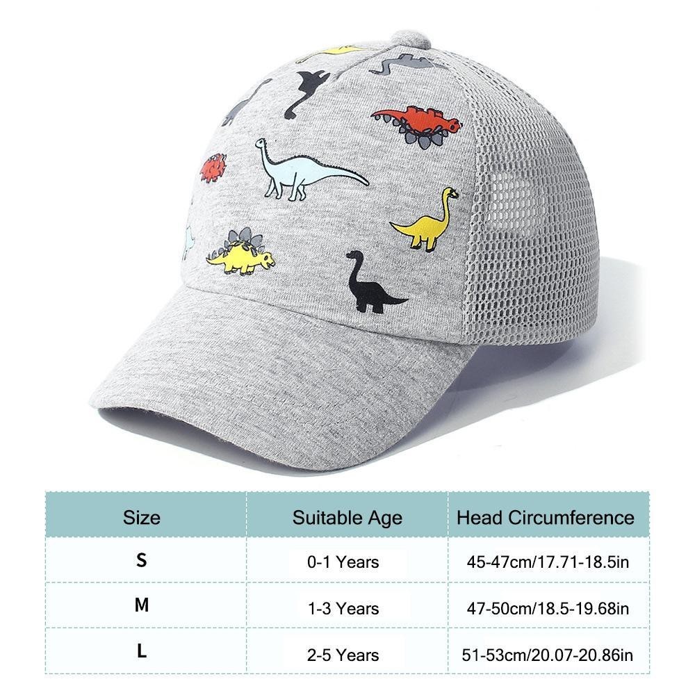 Mũ bóng chày lưới in hình khủng long cho bé từ 1-5 tuổi, chống nắng và điều chỉnh size dễ dàng.