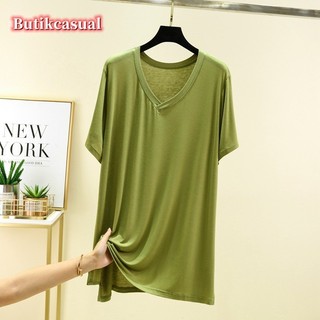 Áo thun nữ dáng rộng cổ chữ V Modal dáng rộng Áo thun ngắn tay trơn mùa hè Slim Plus Size Áo sơ mi trắng