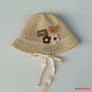Mg-little Girl Mùa Hè Mũ Rơm Gấu Họa Tiết Hoa Thoáng Khí Vành Rộng Người Cá Mũ Cho Bãi Biển