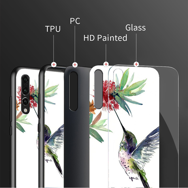 Ốp Điện Thoại Kính Cường Lực Hoa Và Chim Ruồi Cho IPhone 15 14 13 12 11 Pro XS Max Plus Mini X XR 8 7 6s SE2 / 3