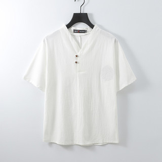 Áo thun nam mùa hè tay ngắn cỡ lớn, nút ếch Trung Quốc, cotton lanh, cổ chữ V, phong cách retro thời thượng