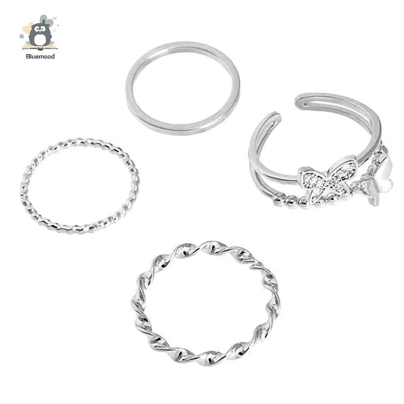 [Bluemood] 3 Cái / 4 Cái Hip Hop Punk Mở Có Thể Điều Chỉnh Bộ Nhẫn Nữ Nhẫn Kim Loại Mới