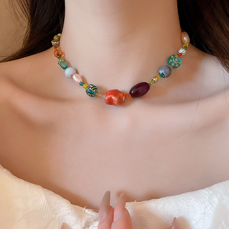 Mùa hè Dopamine Nhiều Màu Sắc Đính Hạt Vòng Cổ Kẹo Dễ Thương Xương Đòn Dây Xích Phụ Kiện Cho Nữ