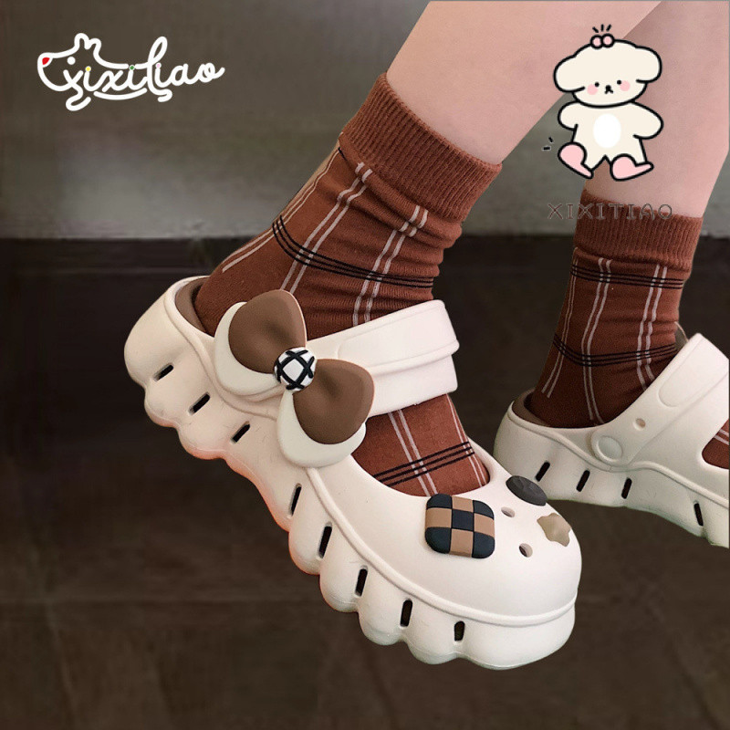 Xixitiao Mùa Hè Retro Nơ Đế Dày Mặc Ngoài 2024 Phong Cách Mới Bé Gái EVA Shit-Steping Cảm Giác Baotou Mary Jane Hole Giày