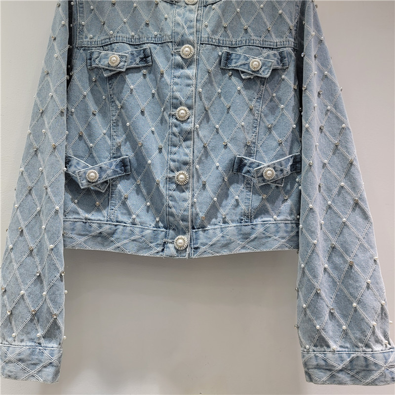 Ga Châu Âu Xuân Thu 2025 Phong Cách Mới Kim Cương Checkered Công Nghiệp Nặng Đính Hạt Denim Áo Khoác Nữ Dạo Phố Phù Hợp Với Áo Khoác Rời