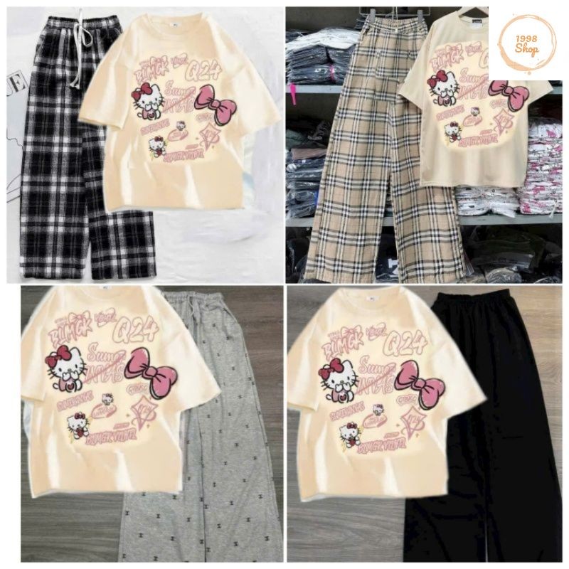 Tổng Hợp Các Sét Quần Ống Rộng + Mix Áo Phông Hình Mèo HÊ LÔ KÍT TI form rộng tay lỡ cotton - Hình Mèo Màu BE