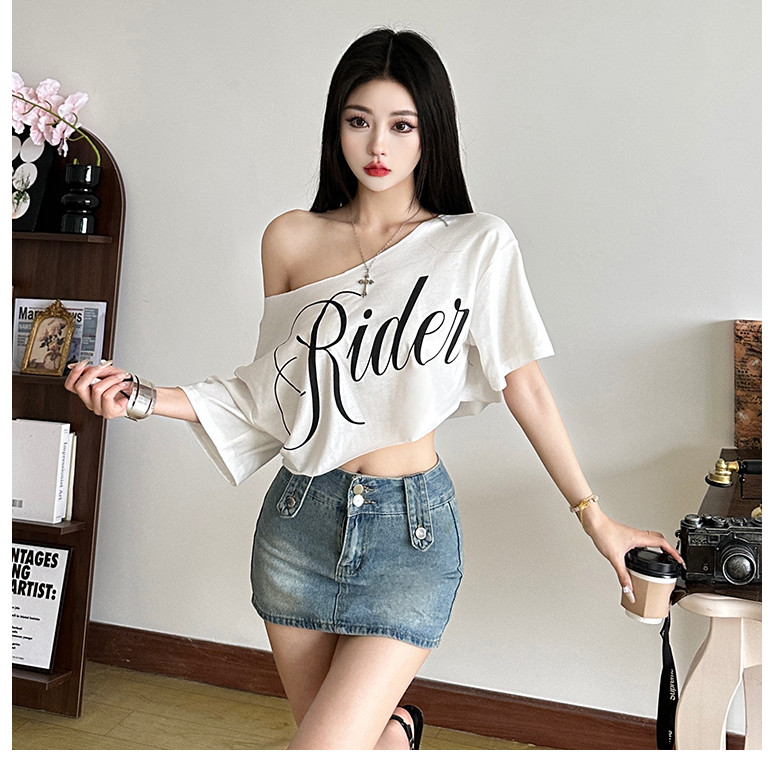 Klalien In Chữ Crop Top Nữ Xu Hướng Mùa Hè Hoang Dã Cổ Xu Hướng Phố Skinny Đơn Giản Cổ Điển Dạo Phố Mềm Hàng Ngày
