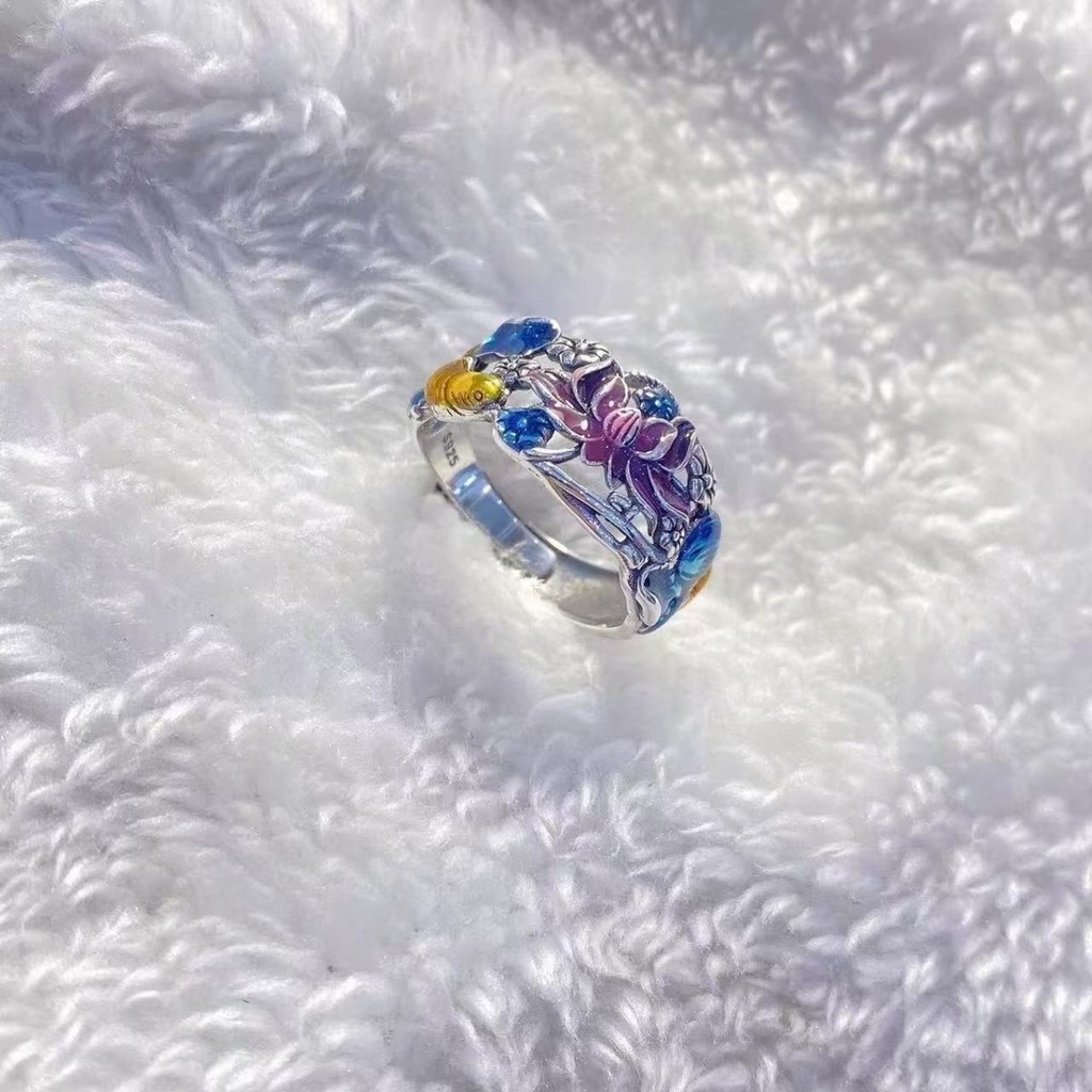 Nhẫn mở phong cách dân tộc bằng bạc sterling xanh men vintage thanh lịch