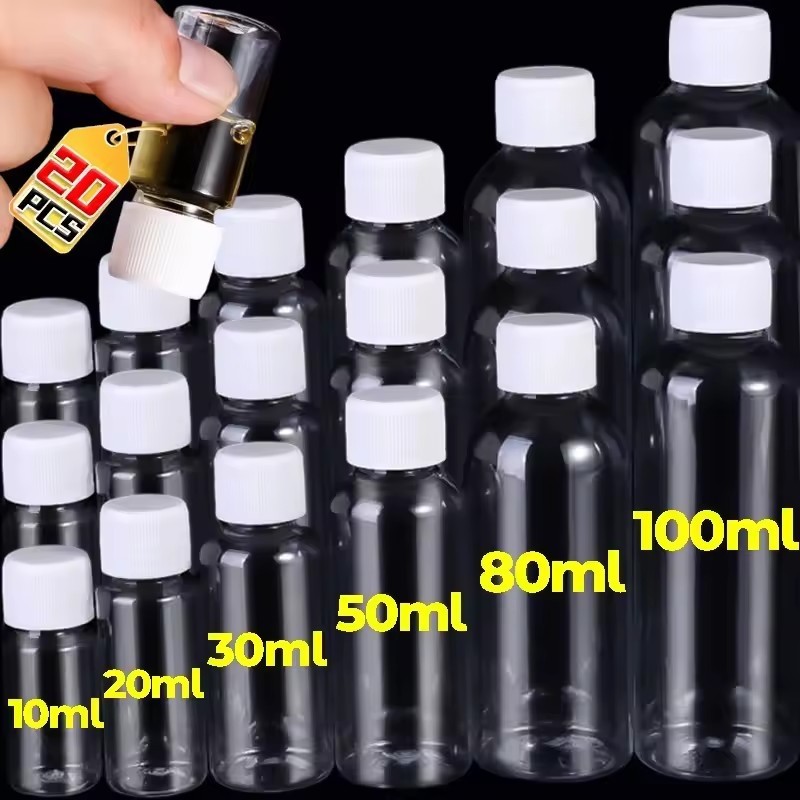 [3-5 ngày đến] 1-3 chiếc Chai nhựa miệng nhỏ PET 10-100ml, Hộp đựng chất lỏng trong suốt có niêm phong chống rò rỉ, để bảo quản da / nước hoa / phụ kiện, 6 kích cỡ tùy chọn