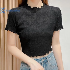 Kudosation Nữ Ngọt Ngào Tay Ngắn Màu Trơn Sang Trọng Mùa Hè Thường Ngày Xù Rỗng Ren Áo Đẹp