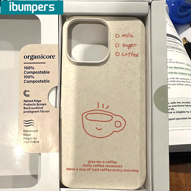 ibumpers Ốp Điện Thoại iPhone Họa Tiết Cốc Cà Phê Đơn Giản Cho IPhone 16 15 14 12 13 11 Pro Max IP 7 8 Plus X XS XR Ốp Lưng Ống Hút Lúa Mì Phân Hủy Thân Thiện Với Môi Trường
