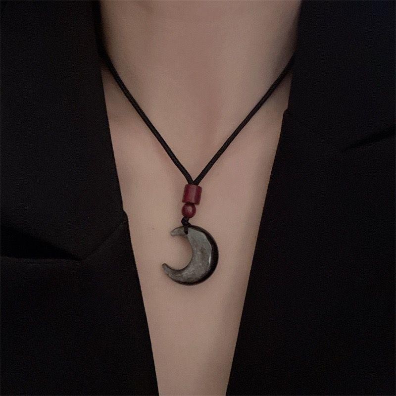 Mặt dây chuyền mặt trăng Obsidian tự nhiên Vòng cổ cặp đôi ngôi sao