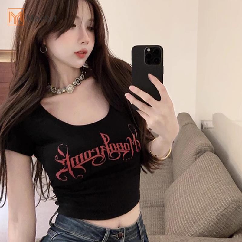 Marbit Mùa Hè Nguyên Chất Desire Gợi Cảm Cổ Vuông In Chữ Tay Ngắn Áo Thun Nữ Crop Top Mới