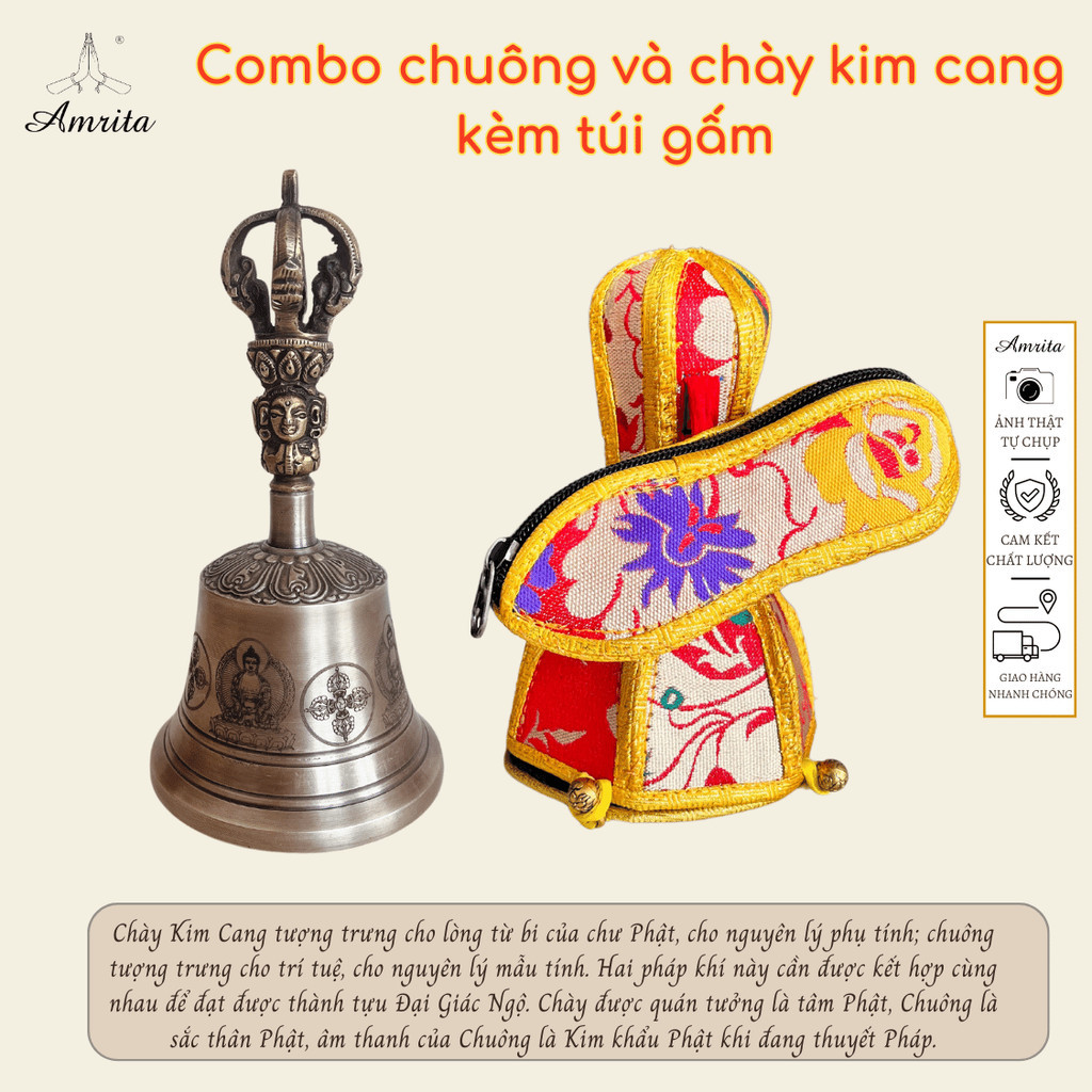 Chuông và chày kim cang - Chuông kim cang - Chùy Kim Cang -  Vajra - Pháp Khí Mật Tông - mala- Amrita