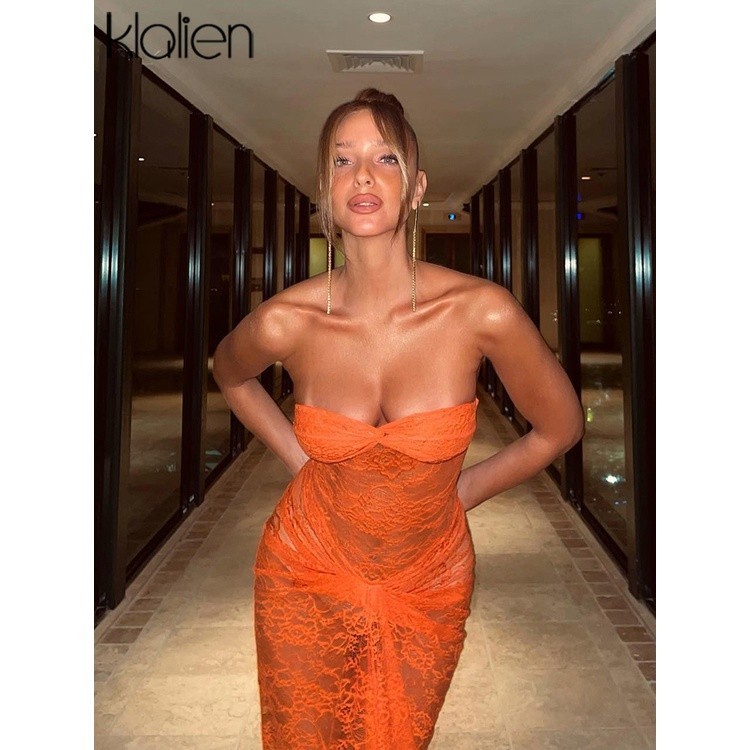 Klalien Gợi Cảm Nhìn Xuyên Qua Đảng Váy Ngủ Nữ Mùa Hè Không Dây Lưng Ren Maxi Đầm Ruched Dạ Hội Prom Bodycon Áo