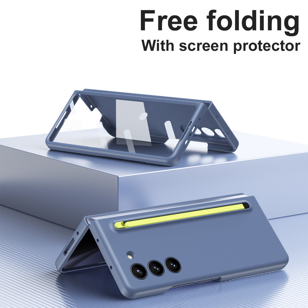Bút bấm sang trọng Khe cắm bút Bullet Pen Eject Stylus Case Cover Samsung Galaxy Z Fold 5 Z Fold 4 Glass Front Film Màu trơn Chống vân tay Vỏ cứng thân thiện với da (có bút