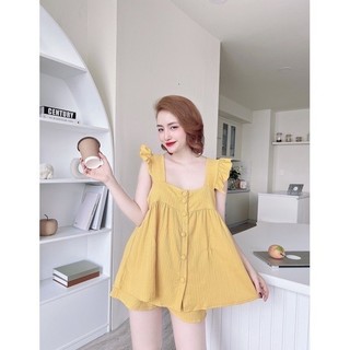 (40-55kg)Bộ đồ ngủ đùi cổ vuông tay cánh tiên nút bọc chất đũi gân cao cấp mềm mát quần đùi áo bèo .