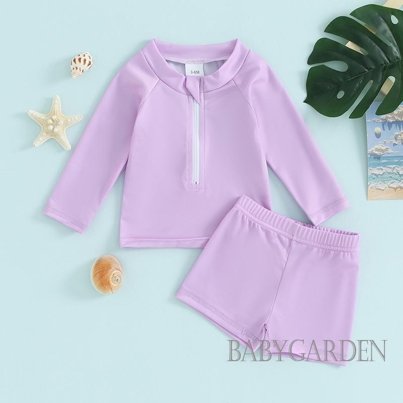Baga-6tháng-5 tuổi Bộ đồ bơi 2 mảnh cổ tròn Dây kéo phía trước Áo bơi Rashguard dài tay + Quần short Bộ đồ tắm cho trẻ sơ sinh