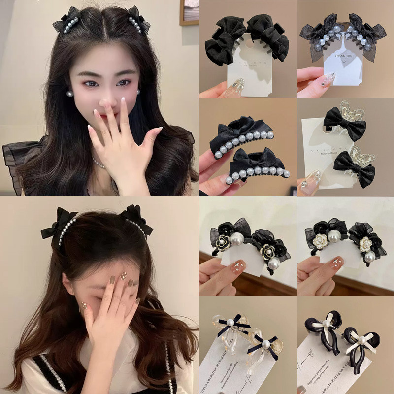 Kẹp Tóc Càng Cua Nơ Đen Phối Hạt Ngọc Xinh Xắn Phong Cách Hàn Quốc Phụ Kiện Tóc Cho Nữ Và Bé Gái