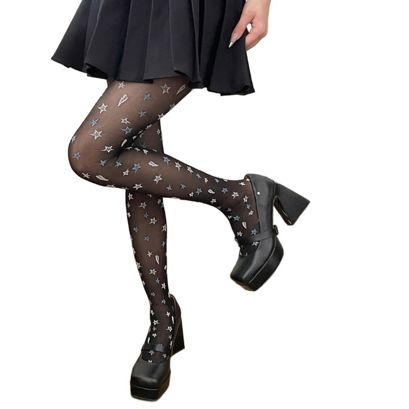 Dasbsug Ngôi Sao Ngọt Ngào Họa Tiết Sheer Quần Lụa Vớ Thẩm Mỹ Nhật Bản Nylon Quần Legging Hàng Dệt Kim Cho Nữ G