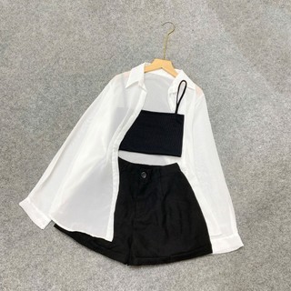 Set đồ nữ big size 3 món gồm áo sơ mi voan lụa cát dài tay kết hợp áo 2 dây croptop và quần đùi basic dễ mặc-SET967