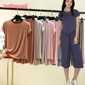 Phụ Nữ Trơn 2 Bộ Ngắn Tay Năm Điểm Quần Short Mùa Hè Phù Hợp Với Mỏng Kích Thước Lớn Rời