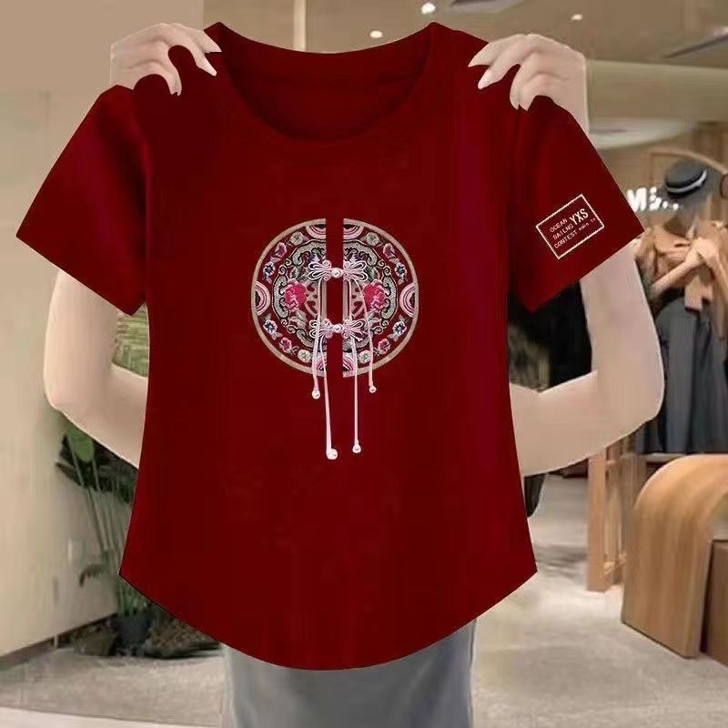 Áo thun phong cách Trung Quốc mới dành cho nữ mùa hè, áo thun in hình dáng rộng và đơn giản dành cho nữ