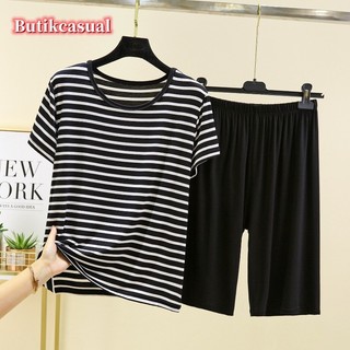 Phụ Nữ Modal Sọc Quần Short Bộ Mỏng Rời Áo Thun Tay Ngắn Bộ Đồ Ngủ Mùa Hè 2025 Thường Ngày 2 Bộ