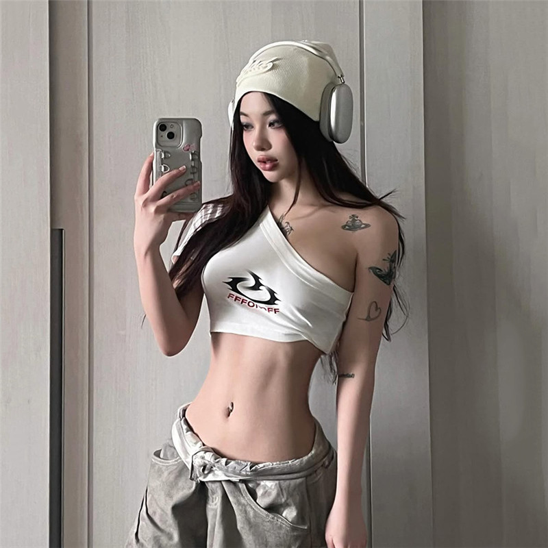 Klalien Có Cá Tính Giảm Béo Áo Thun Gợi Cảm Cổ Chéo Vai Hình Eo Rốn Lộn Chữ In Hình Thường Ngày Đa Năng 2025 Thời Trang Phụ Nữ Mới