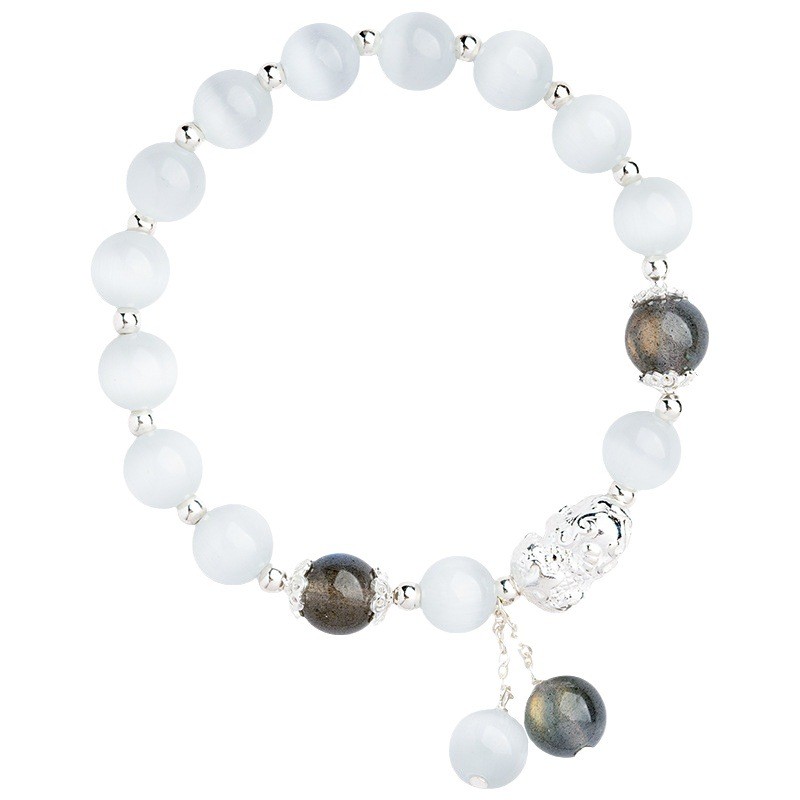 Vòng tay đá mắt mèo Pixiu dành cho nữVintage Niche DesignLucky Hạt xám Moonstone Pixiu Vòng tay