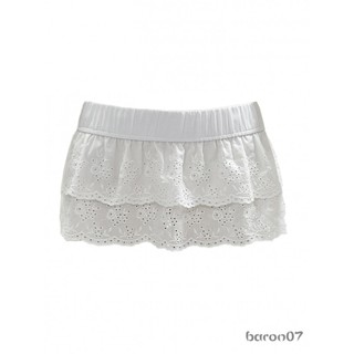 Nữ Váy Ngắn Trắng Dễ Thương Rỗng Dây Thêu Nữ Mini Co Giãn Eo Ruffle Thấp Tầng Váy