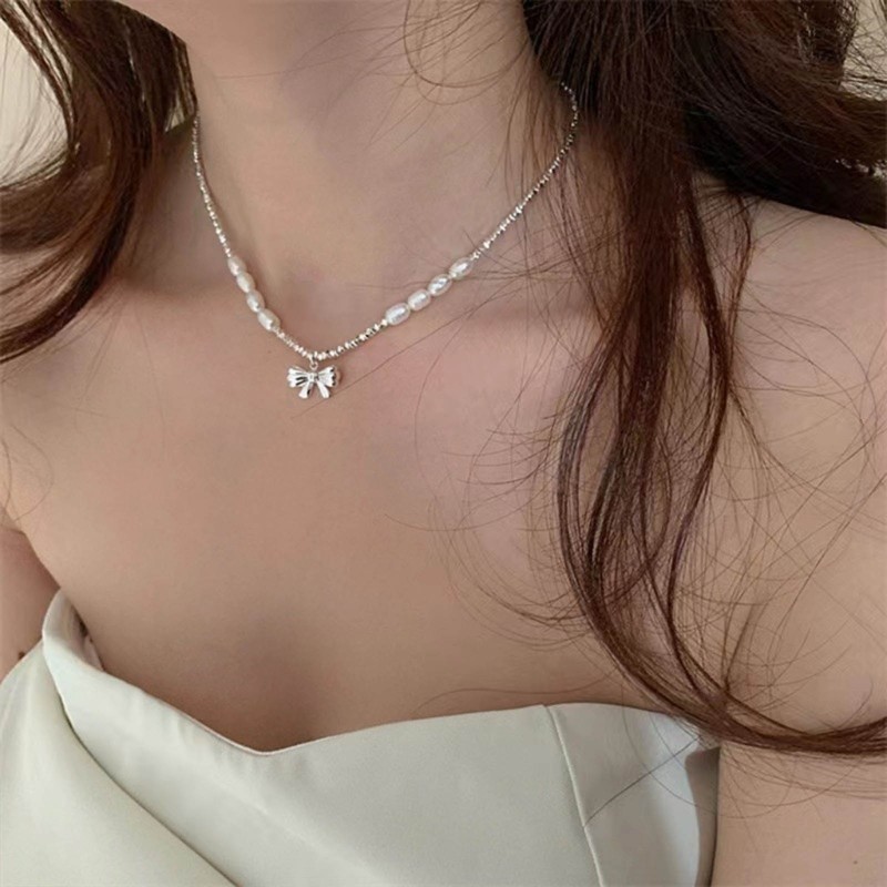 Vua Đơn Giản Nơ Mặt Dây Chuyền Vòng Cổ Xương Đòn Dây Xích Có Thể Điều Chỉnh Choker Ngọt Ngào Thoáng Mát Nơ Ngọc Trai Cổ Vòng Cổ Thời Trang Jewe
