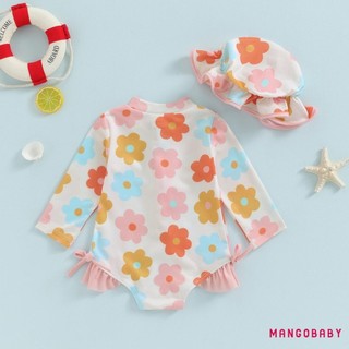 Mg-baby Girl Rash Guard Đồ Bơi Mùa Hè In Hoa Dây Kéo Đồ Bơi Và Mũ Chống Nắng Bộ Đồ Tắm Tập Đi Biển
