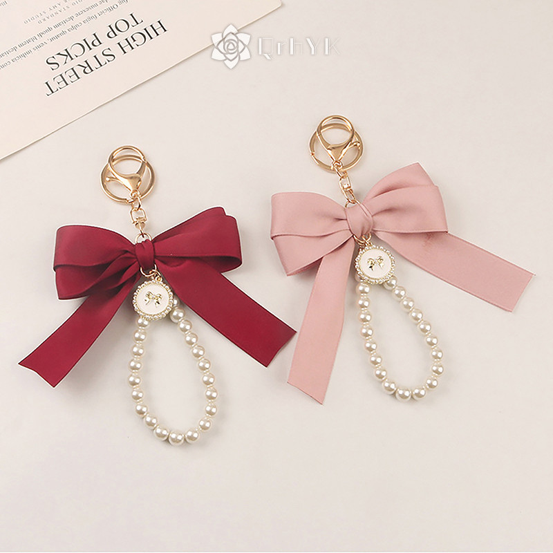 Qrhyk Mới Nơ Lớn Ngọc Trai Móc Khóa Xe Móc Khóa Mặt Dây Chuyền Sáng Tạo Nhiều Màu Sắc Vải Ruy Băng Thắt Nút Phụ Kiện Mới