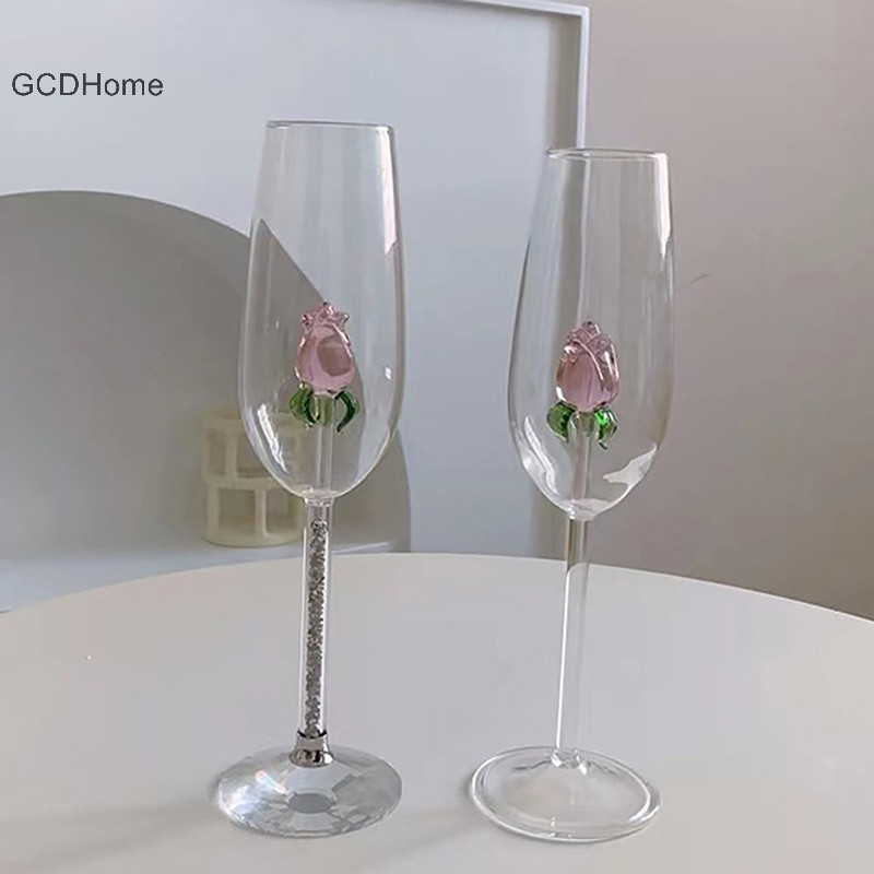 Gcdhome Sáng Tạo 3D Hồng Thủy Tinh Hoa Hồng Tích Hợp Màu Đỏ Trắng Rượu Ly Drinkware Cốc Champagne Sáo Hộ Gia Đình Đáng Yêu Valene Quà Tặng HOT