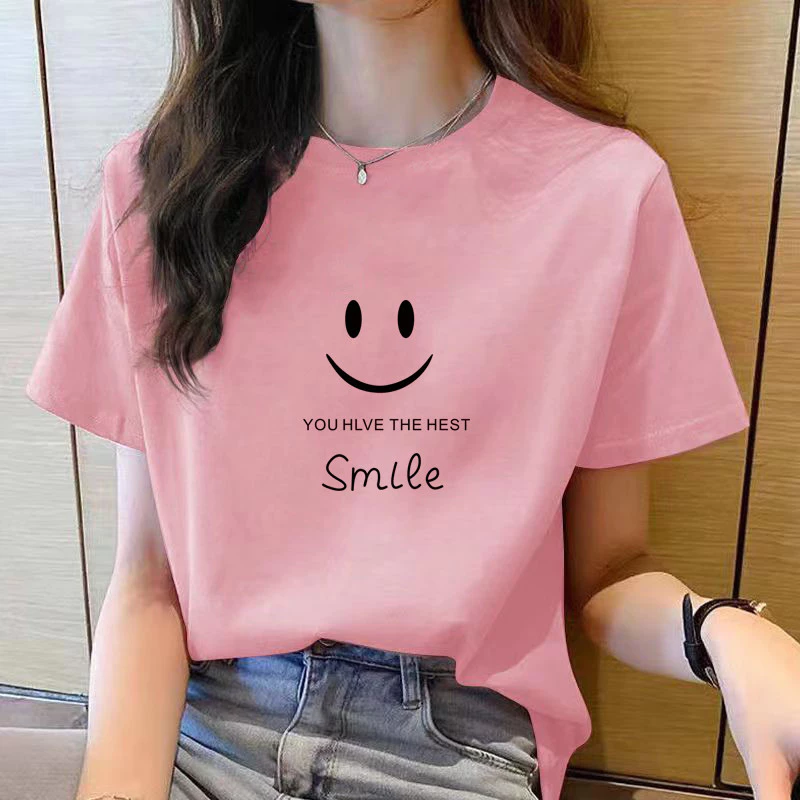 大 ✣ ❥ ❈ ✻ ❈ ❥ ❈ ❈ Áo thun nữ mùa hè Áo nữ ngắn tay màu hồng quần áo nữ Áo thun nữ cổ tròn thông thường mới áo thun nữ in hình nữ