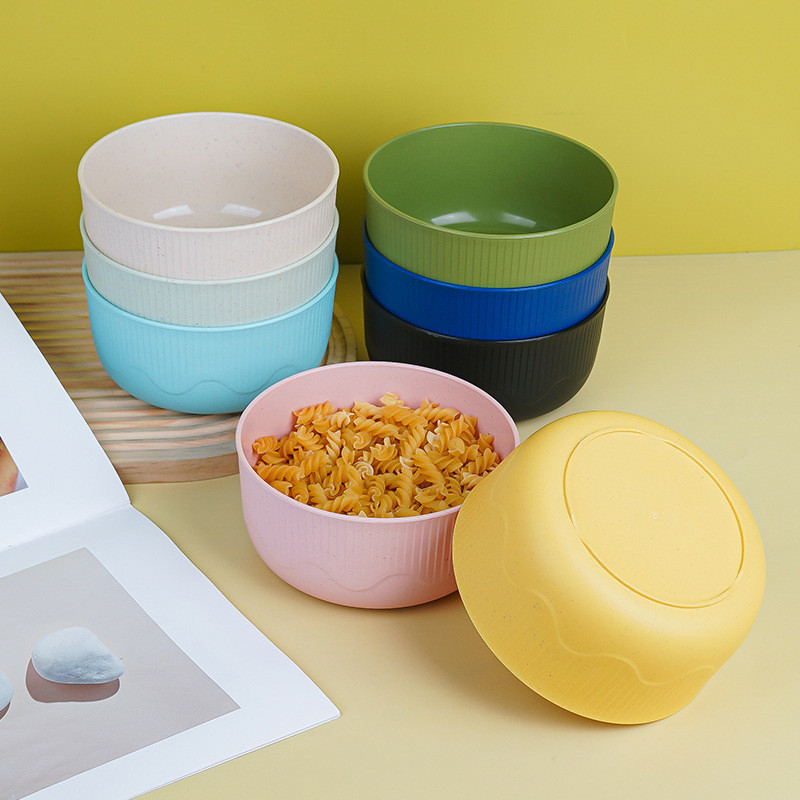 Mới 15cm Ren Tròn Bát Rơm Lúa Mì Bát Sọc Bát Cơm Hộ Gia Đình Bát Canh Ký Túc Xá Nhựa Ăn Liền Mì Bát Tròn Bát Cơm Chống Rơi Bát