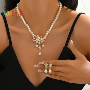 < Honeyba > 1 Bộ Vòng Cổ Nữ Đính Hạt Bóng Ngọc Trai Giả Kim Cương Giả Nhúng Vòng Cổ Hoa Bông Tai Bộ