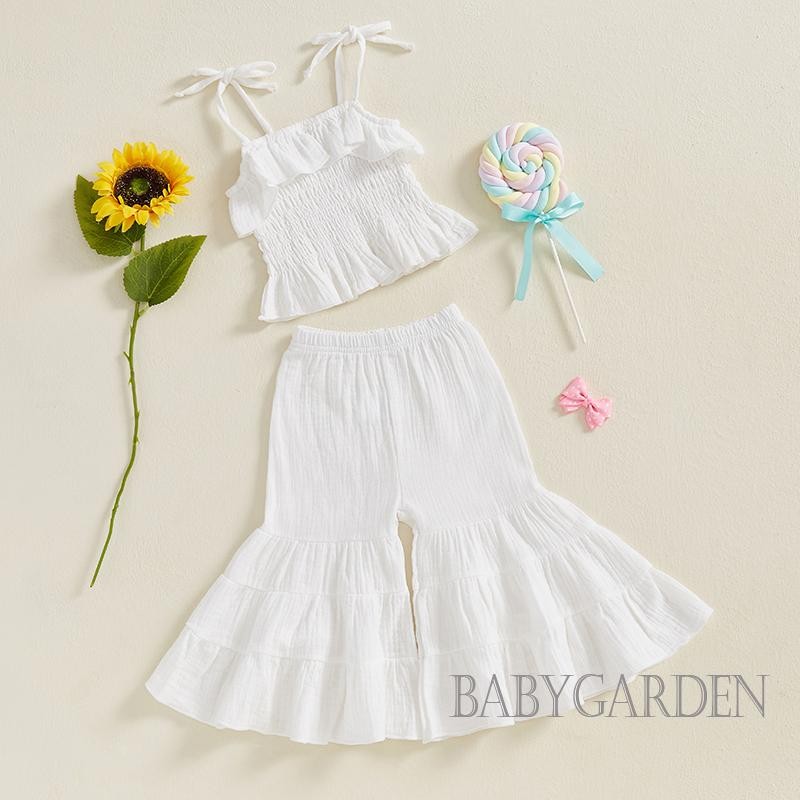 Bộ bé gái 6M-6Y, Dây đeo viền không tay Camisoles + Dây thắt lưng co giãn Quần loe mùa hè