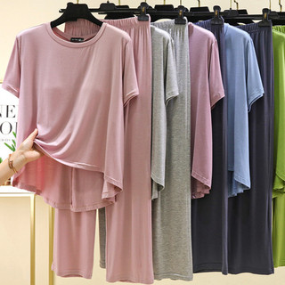 Phụ Nữ Ngực Miếng Lót 2 Bộ Modal Đồng Bằng Bộ Rời Áo Thun Tay Ngắn Bộ Đồ Ngủ Mùa Hè Quần Rộng