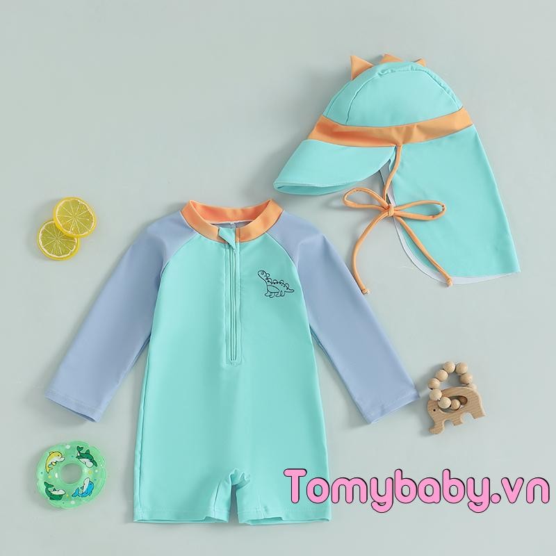 Bé Trai Rash Guard Đồ Bơi Màu Sắc Tương Phản Khủng Long In Hình Dài Tay Mock Cổ Zip Bộ Đồ Tắm + Mũ