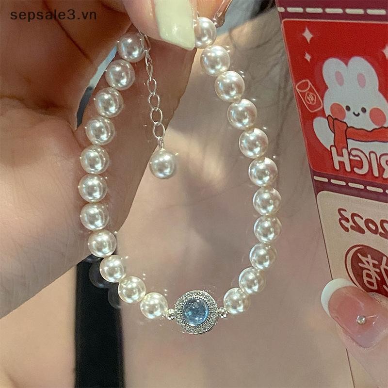 # Sepsale # Vòng tay kim cương giả ngọc trai giả cổ điển thanh lịch Tính khí sang trọng Dây chuyền tinh tế Thiết kế thích hợp Vòng tay ngọc trai pha lê màu xanh.