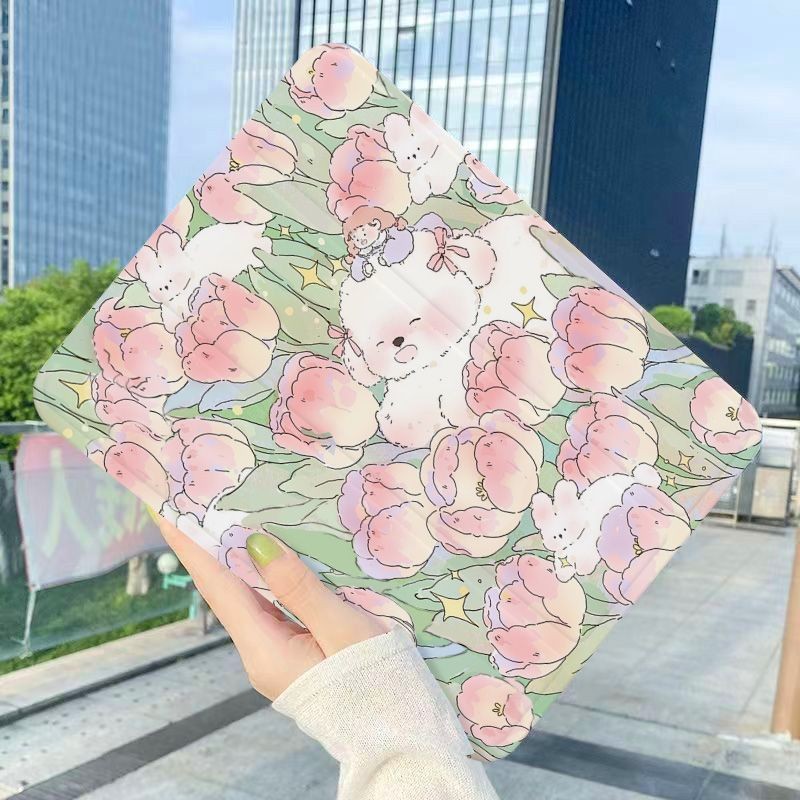 Ốp lưng máy tính bảng hoa tulip hoạt hình cho iPad gen7 air3 air5 10.9 thế hệ10th gen6 2018pro 2024air6 11inch gen9 10.2 gen5 2022pro11 gen8 mini6 air1 2 air4 có khe cắm bút Vỏ bảo vệ