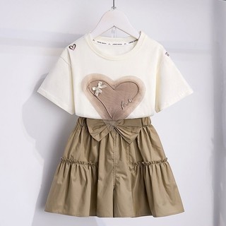 Bộ đồ bé gái mùa hè dễ thương - Áo thun tim phối nơ kèm quần short váy thời trang cho bé lớn
