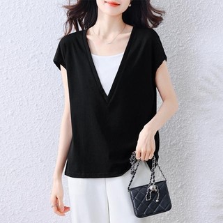 Mùa Hè 2025 Phong Cách Mới Thời Trang Top Giả Hai Mảnh Phù Hợp Với Áo Rời Bụng Ôm Hơn Nhìn Áo Thun Đơn Giản Thời Trang Hàng Đầu Nữ