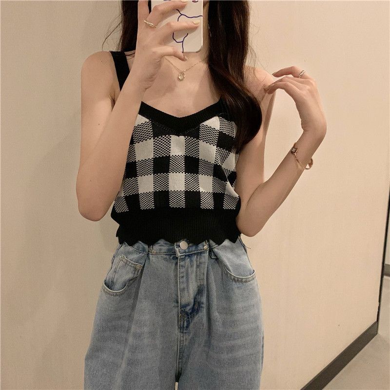 Áo vest yếm dệt kim lưới dành cho nữ mùa hè 2025, áo thun mỏng vừa vặn kiểu Pháp mới dành cho nữ