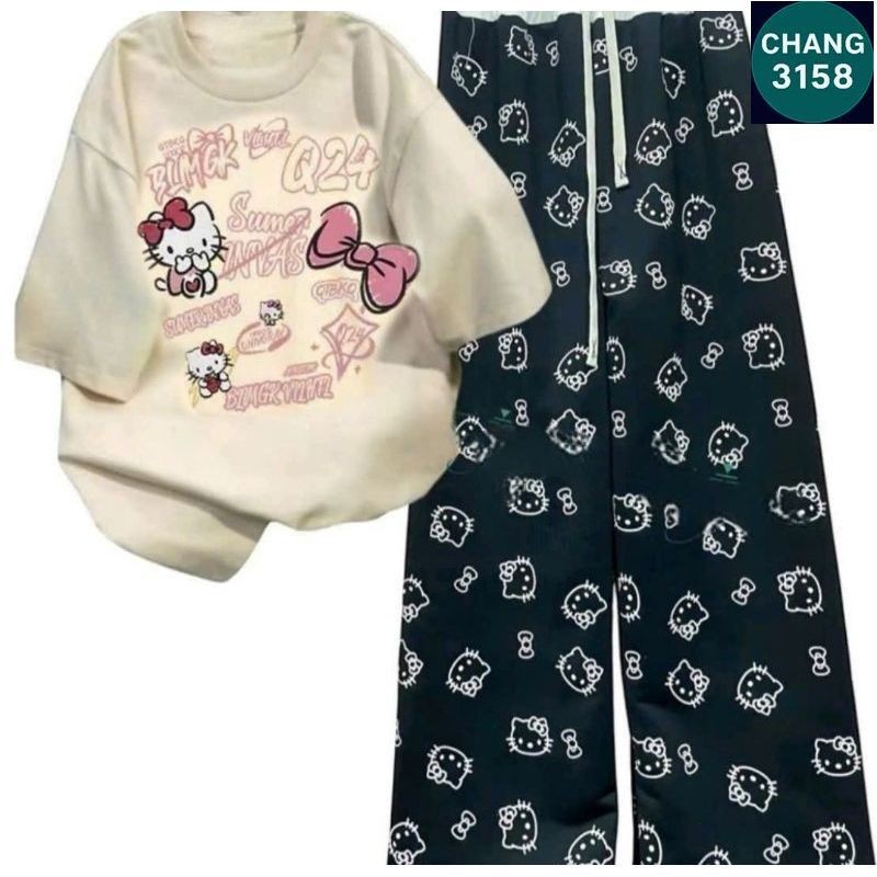 Tổng hợp các sét Bộ Quần Họa Tiết Mèo + mix áo phông Unisex form thụng tay lỡ - hình Mèo cute-CHANG 3158